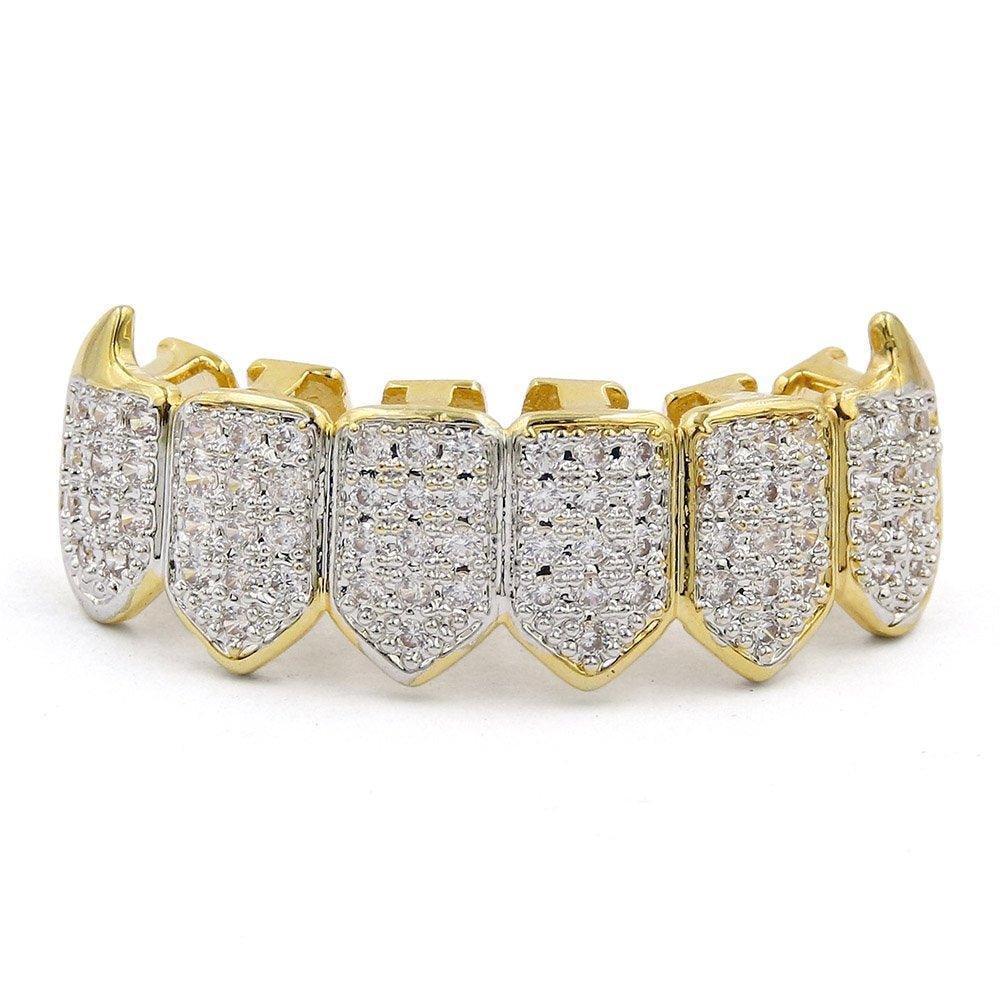 18K Gold Plated Iced Out CZ Grillz Fang Top Bottom Mouth Teeth Grills Set for Men Women - Image 7
