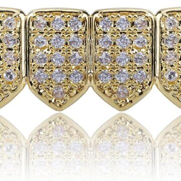 Grillz Diamond Grills for Your Teeth for Men Women 18K Gold Plated Iced Out Macro Pave Cubic Zirconia Mouth Grill with Extra Molding Bars Included