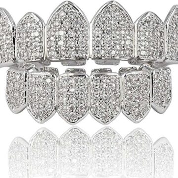 Grillz Diamond Grills for Your Teeth for Men Women 18K Gold Plated Iced Out Macro Pave Cubic Zirconia Mouth Grill with Extra Molding Bars Included