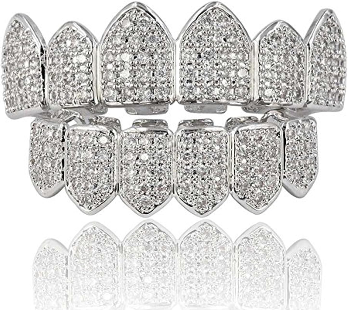 Grillz Diamond Grills for Your Teeth for Men Women 18K Gold Plated Iced Out Macro Pave Cubic Zirconia Mouth Grill with Extra Molding Bars Included