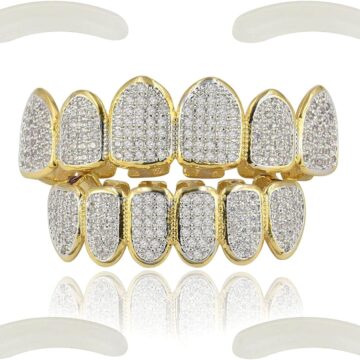 Grillz Grills for Your Teeth Simulated Diamond Teeth Grillz with Extra Molding Bars Included 18K Gold Plated All Iced Out Cubic Zirconia Golden Teeth for Men Women