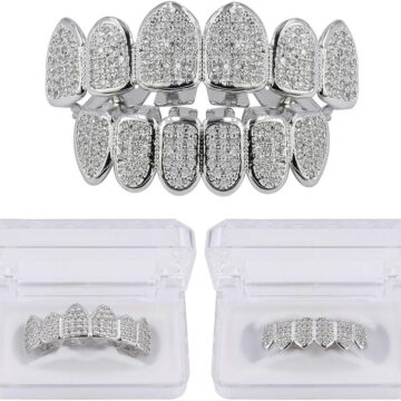 Alternative view of Grillz Grills for Your Teeth Simulated Diamond Teeth Grillz with Extra Molding Bars Included 18K Gold Plated All Iced Out Cubic Zirconia Golden Teeth for Men Women
