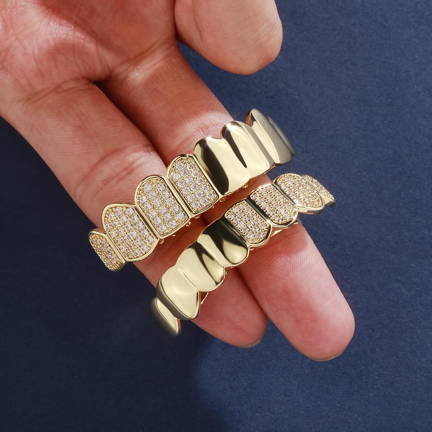 Hip Hop Half Diamond Top Bottom Grills for Your Teeth 14K Gold Plated Face Iced Out Cubic Zirconia Mouth Grillz for Men Women Fake Teeth Grill with Extra Molding Bars - Image 4