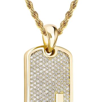 Personalized Iced Out Custom Dog Tag Pendant Necklace 14K Gold Plated Engrave Initial Pendant for Men Women with Cubic Zirconia Stone