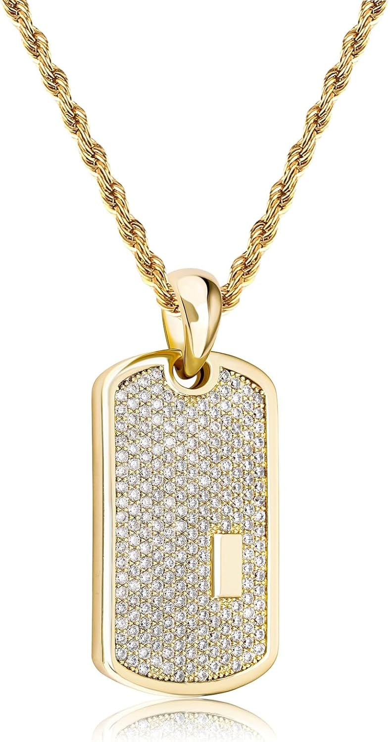 Personalized Iced Out Custom Dog Tag Pendant Necklace 14K Gold Plated Engrave Initial Pendant for Men Women with Cubic Zirconia Stone