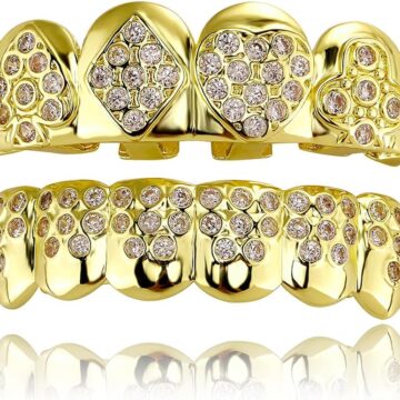 Grillz for Men ?C Poker Design??Grills for Your Teeth??14K Gold Plated Iced Out??Fake Teeth Grillz for Women Gothic Costume Jewelry Accessories