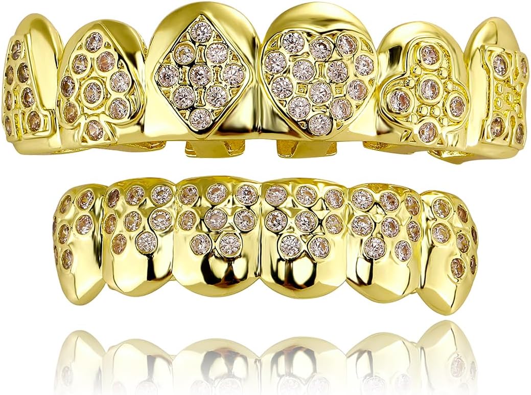 Grillz for Men ?C Poker Design??Grills for Your Teeth??14K Gold Plated Iced Out??Fake Teeth Grillz for Women Gothic Costume Jewelry Accessories