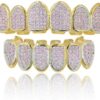 18k Gold Plated All Iced Out Pink Cubic Zirconia Gold Grillz Set for Women with Extra Molding Bars(pink set)