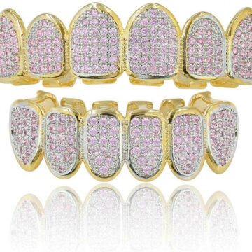 18k Gold Plated All Iced Out Pink Cubic Zirconia Gold Grillz Set for Women with Extra Molding Bars(pink set)