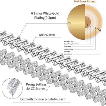 Alternative view of 20MM 6 Times 14k Gold Plated Cuban Link Bracelet Iced Out Bling Round Carre Baguette Cut CZ with Prong Setting Simulated Diamond Bracelet Hip Hop Jewelry for Men