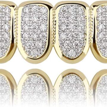 Grillz Grills for Your Teeth Simulated Diamond Teeth Grillz with Extra Molding Bars Included 18K Gold Plated All Iced Out Cubic Zirconia Golden Teeth for Men Women