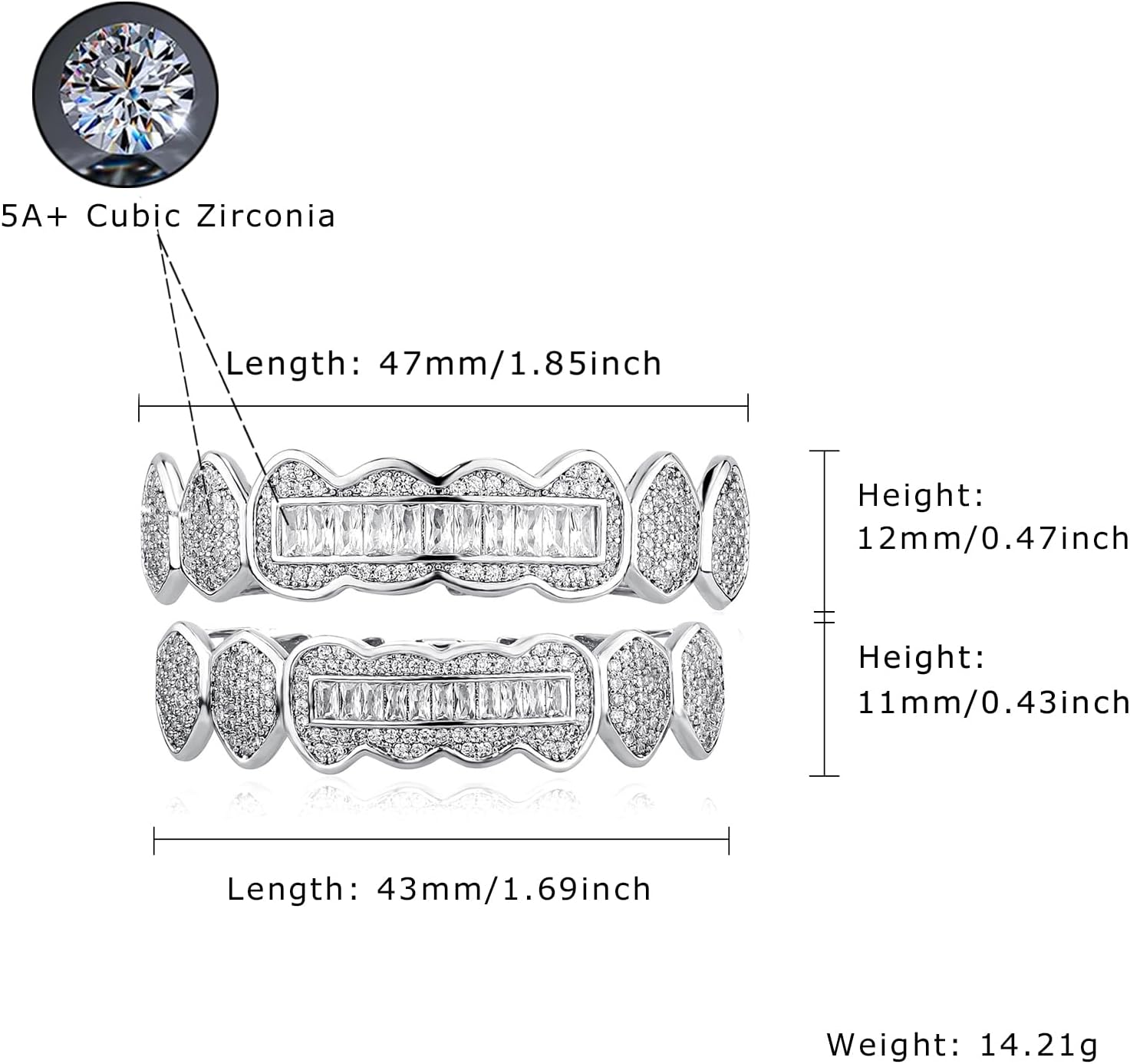 8 Tooth Grillz 14K Gold Plated Iced Out Baguette Round Simulated Diamond Grills for Your Teeth for Men Women - Image 2