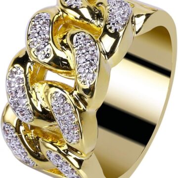 18K Gold Plated ICED Out CZ Cuban Link Band Mens Bling Rhodium Ring Hip Hop
