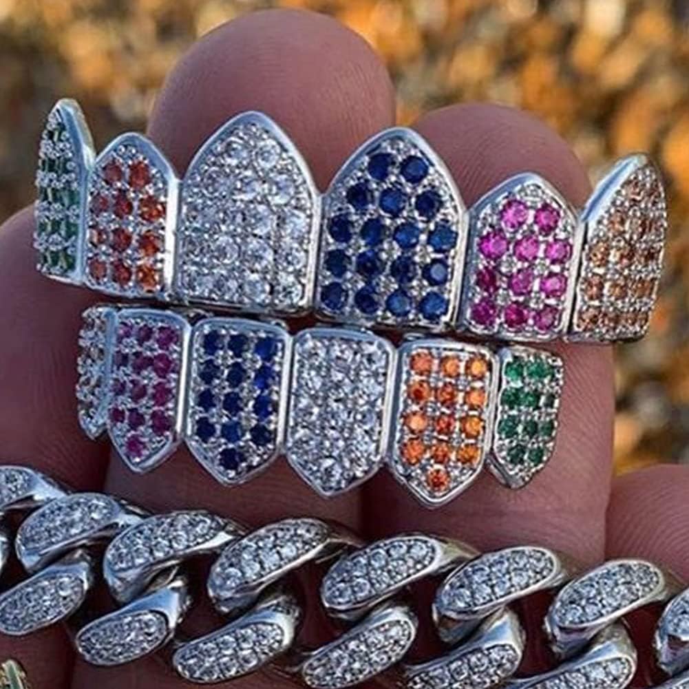 Silver Rainbow Diamond Grills for Your Teeth for Men Women 18K Gold Plated Iced Out Macro Pave Cubic Zirconia Mouth Grillz with Extra Molding Bars Included (Rainbow-S set) - Image 6