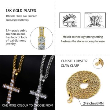 Alternative view of Cross Chain for Men Gold Cross Necklace 14K Gold Plated Large Nail Cross Chain Iced out CZ Pendant Hip Hop Jewelry for Women with Stainless Rope Chain