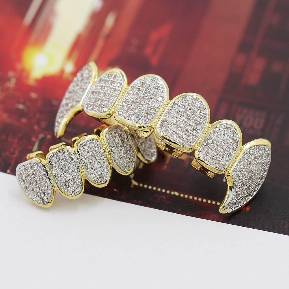 Grillz Grills for Your Teeth Simulated Diamond Teeth Grillz with Extra Molding Bars Included 18K Gold Plated All Iced Out Cubic Zirconia Golden Teeth for Men Women(Golden Vampire Teeth Set) - Image 5