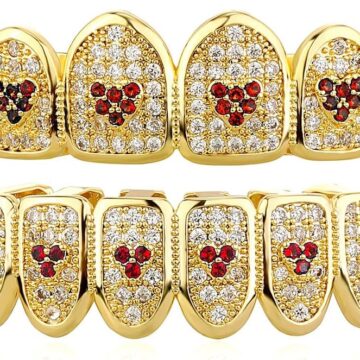18K Gold Plated Heart Grillz for Teeth with Iced Diamond CZ 6 Teeth for Men Women Rapper Costume Extra Molding Bars