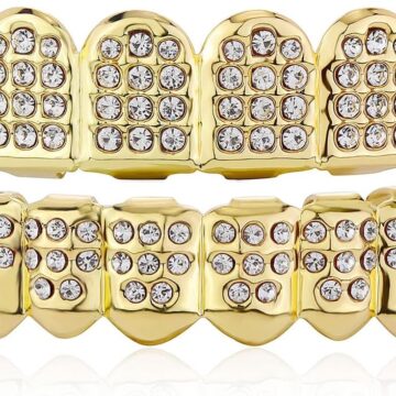 Diamond Grills for Your Teeth 14K Gold Plated Iced Out Mouth Teeth Grillz Top Bottom Tooth Caps Hip Hop Bling New Gold Silver Grill for Men Women Costume Jewelry