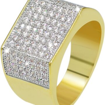18k Gold Plated Hip Hop Iced Out Square Bling Ring Cubic Zirconia Statement Wedding Band Ring for Women Men