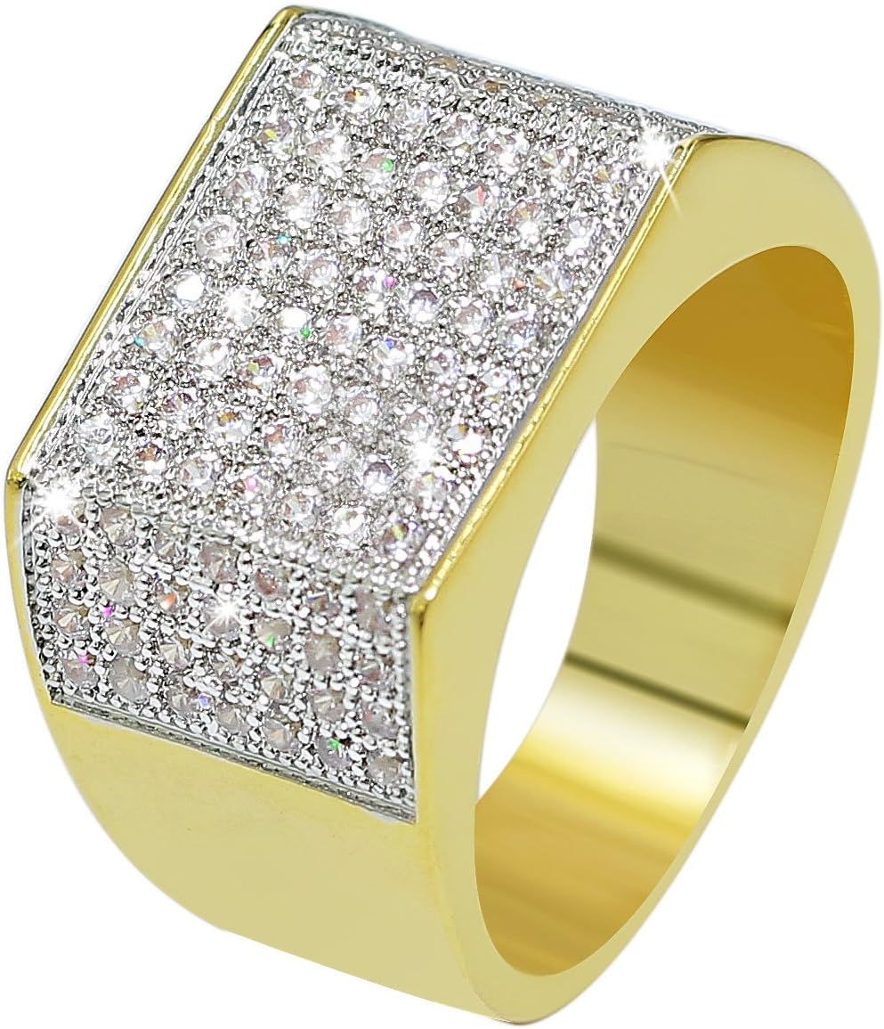 18k Gold Plated Hip Hop Iced Out Square Bling Ring Cubic Zirconia Statement Wedding Band Ring for Women Men