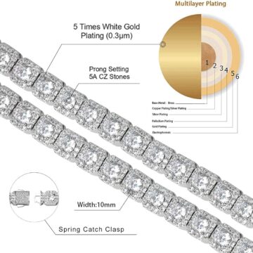 Alternative view of 10MM Tennis Chain Necklace 18k Gold Plated Iced out Jumbo Square Sparkling Cluster Cubic Zirconia Tennis Link Chains for Men Women