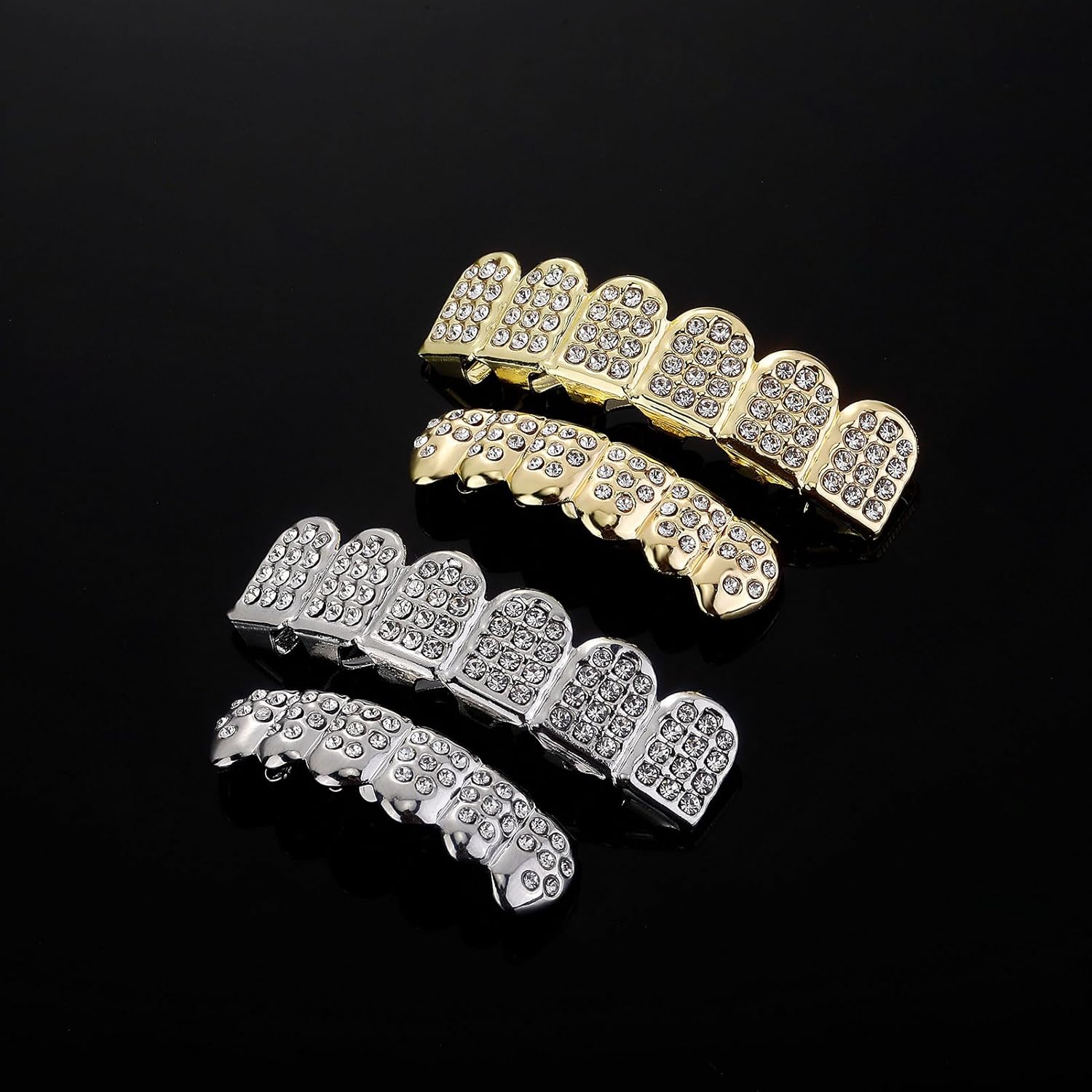 Diamond Grills for Your Teeth 14K Gold Plated Iced Out Mouth Teeth Grillz Top Bottom Tooth Caps Hip Hop Bling New Gold Silver Grill for Men Women Costume Jewelry - Image 4