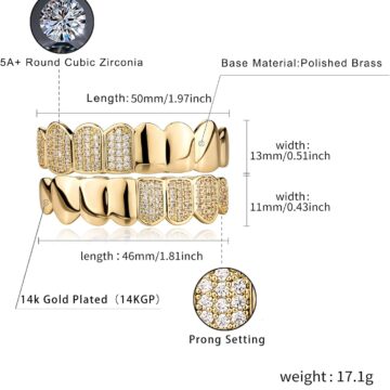 Alternative view of Hip Hop Half Diamond Top Bottom Grills for Your Teeth 14K Gold Plated Face Iced Out Cubic Zirconia Mouth Grillz for Men Women Fake Teeth Grill with Extra Molding Bars
