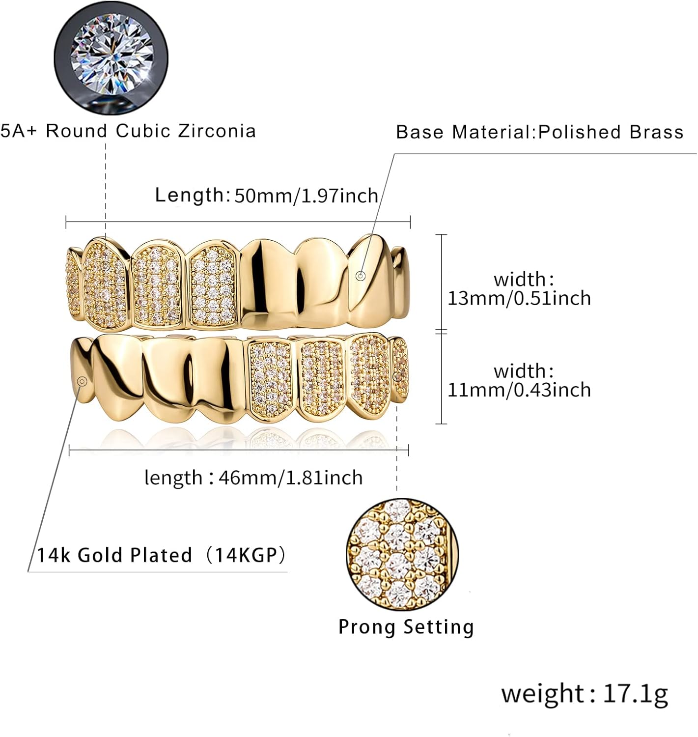 Hip Hop Half Diamond Top Bottom Grills for Your Teeth 14K Gold Plated Face Iced Out Cubic Zirconia Mouth Grillz for Men Women Fake Teeth Grill with Extra Molding Bars - Image 2