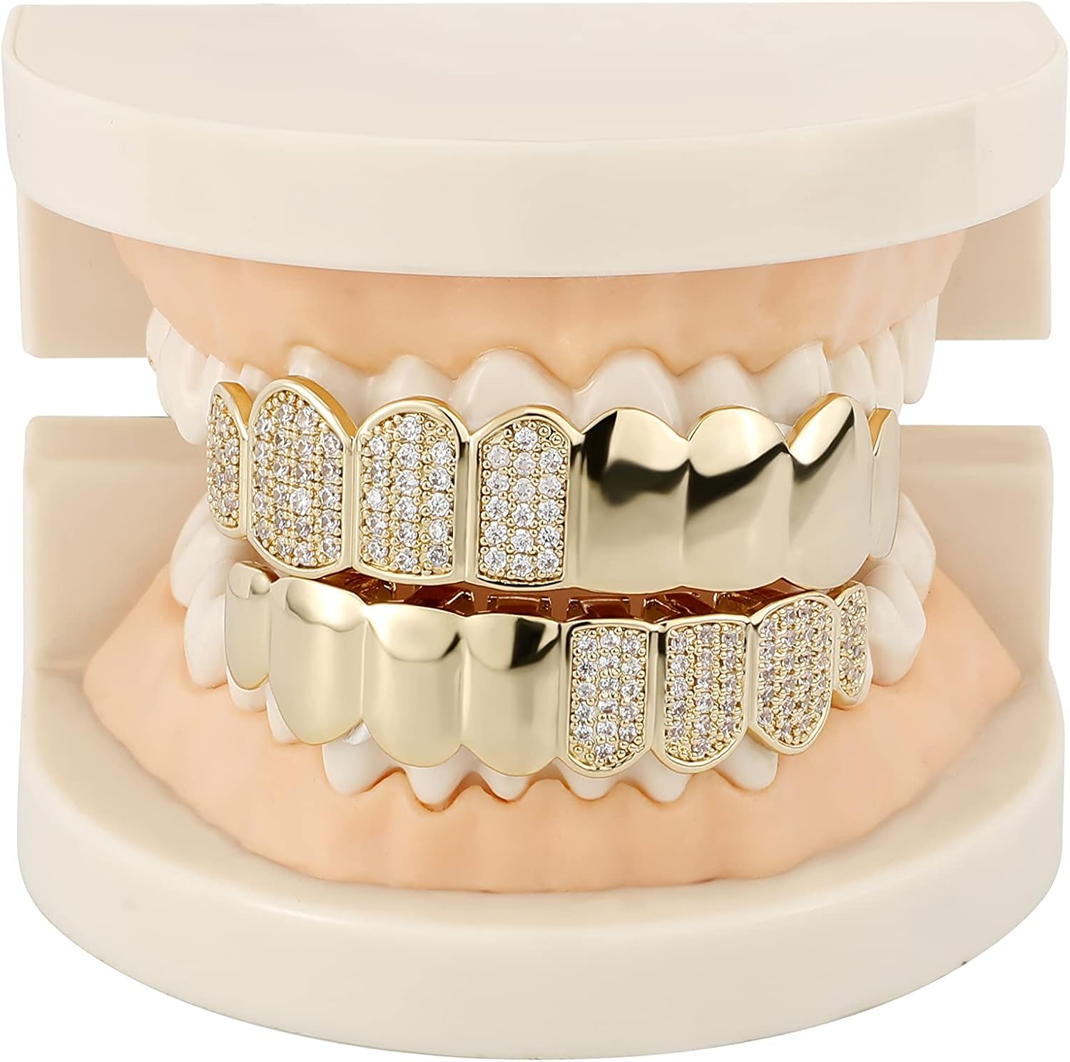 Hip Hop Half Diamond Top Bottom Grills for Your Teeth 14K Gold Plated Face Iced Out Cubic Zirconia Mouth Grillz for Men Women Fake Teeth Grill with Extra Molding Bars - Image 6
