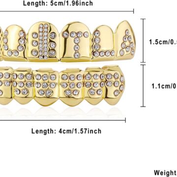 Alternative view of Gold Grill 14K Gold Plated Iced Out Teeth Grillz Top Bottom Tooth Caps Hip Hop Bling Gold shiny Mouth Grills for your teeth