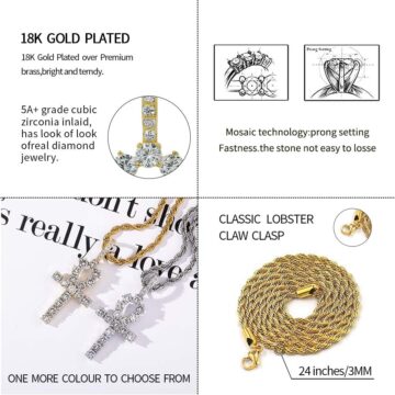 Alternative view of Ankh Cross Chain for Men Iced Out Cubic Zirconia Egyptian 14K Gold Plated Pendant Necklace for Women with Stainless Rope Chain