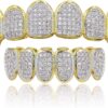 Grillz Grills for Your Teeth Simulated Diamond Teeth Grillz with Extra Molding Bars Included 18K Gold Plated All Iced Out Cubic Zirconia Golden Teeth for Men Women(Golden Vampire Teeth Set)