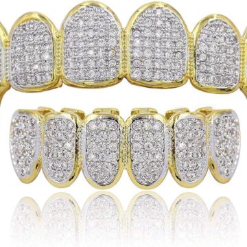 Grillz Grills for Your Teeth Simulated Diamond Teeth Grillz with Extra Molding Bars Included 18K Gold Plated All Iced Out Cubic Zirconia Golden Teeth for Men Women(Golden Vampire Teeth Set)