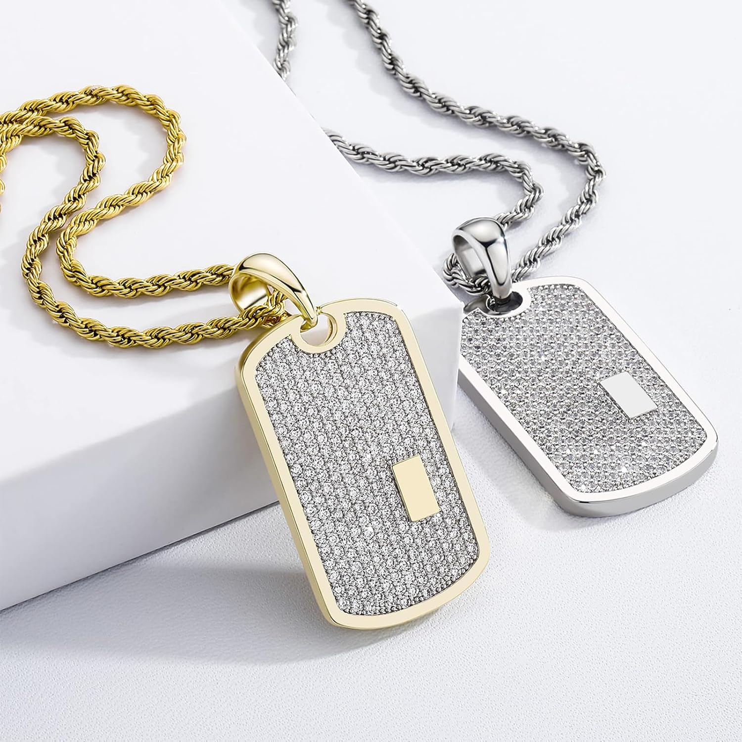 Personalized Iced Out Custom Dog Tag Pendant Necklace 14K Gold Plated Engrave Initial Pendant for Men Women with Cubic Zirconia Stone - Image 3