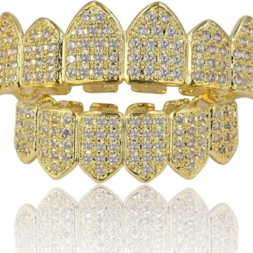 Grillz Diamond Grills for Your Teeth for Men Women 18K Gold Plated Iced Out Macro Pave Cubic Zirconia Mouth Grill with Extra Molding Bars Included