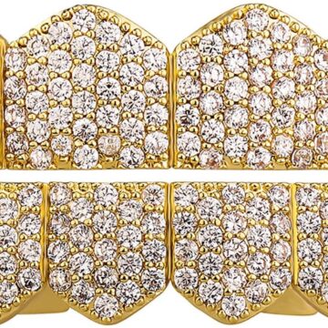 4 Tooth Grills for Your Teeth 14K Gold Plated Iced Out Cubic Zirconia Top Teeth Bottom Grillz Hip Hop Mouth Grill for Men and Women (Gold Iced Out 4 Tooth Grillz)