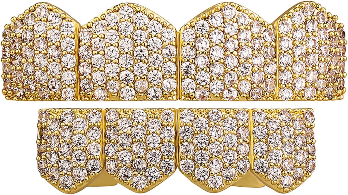 4 Tooth Grills for Your Teeth 14K Gold Plated Iced Out Cubic Zirconia Top Teeth Bottom Grillz Hip Hop Mouth Grill for Men and Women (Gold Iced Out 4 Tooth Grillz)