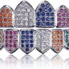 Silver Rainbow Diamond Grills for Your Teeth for Men Women 18K Gold Plated Iced Out Macro Pave Cubic Zirconia Mouth Grillz with Extra Molding Bars Included (Rainbow-S set)
