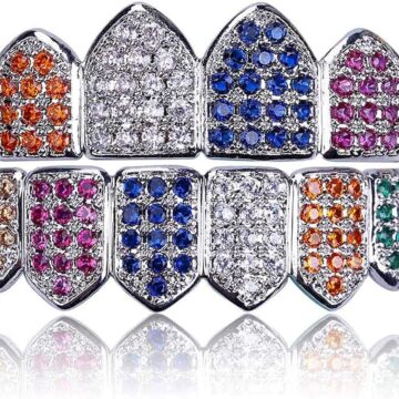 Silver Rainbow Diamond Grills for Your Teeth for Men Women 18K Gold Plated Iced Out Macro Pave Cubic Zirconia Mouth Grillz with Extra Molding Bars Included (Rainbow-S set)