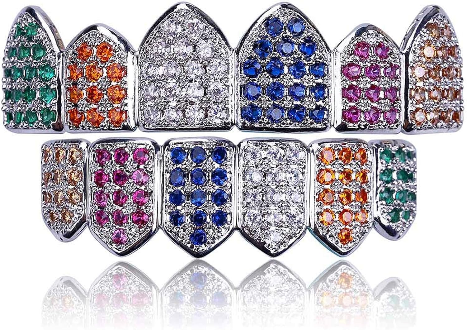 Silver Rainbow Diamond Grills for Your Teeth for Men Women 18K Gold Plated Iced Out Macro Pave Cubic Zirconia Mouth Grillz with Extra Molding Bars Included (Rainbow-S set)