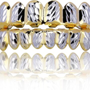 Grillz Teeth Men - Grills for Your Teeth 8 Top & Bottom Set, 18K Gold-Plated Brass Dental Grills with Molding Bars, Unisex Hip-Hop Rapper Costume Accessory