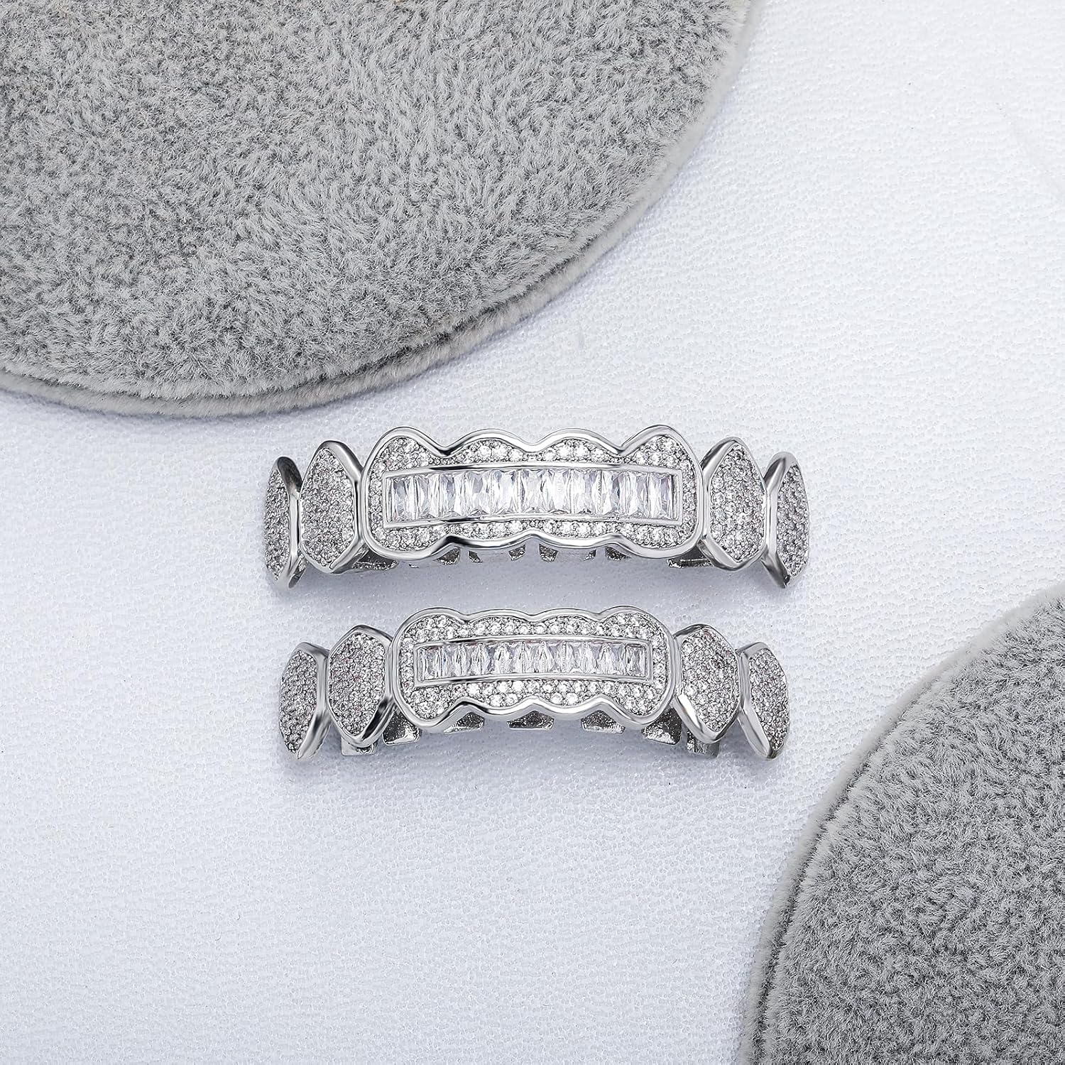 8 Tooth Grillz 14K Gold Plated Iced Out Baguette Round Simulated Diamond Grills for Your Teeth for Men Women - Image 4